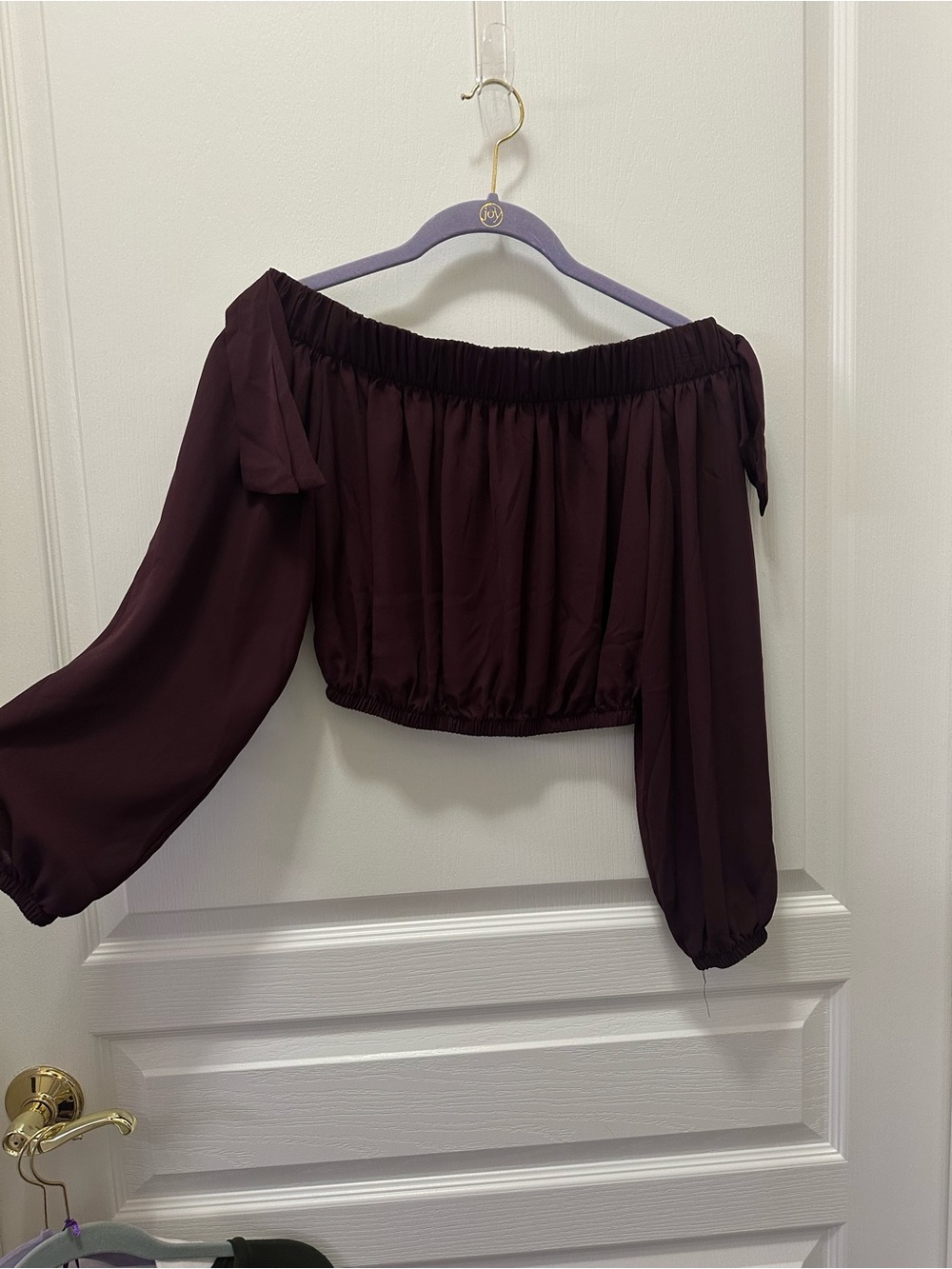 Off-Shoulder Long Sleeve Crop Top - Plum